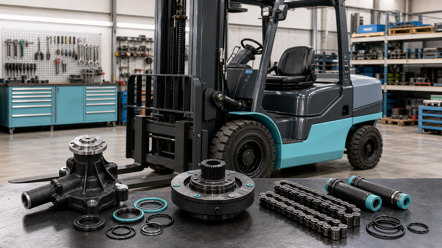 Hyster H50FT forklift replacement parts in clean service workshop