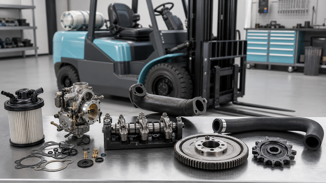 Nissan K21 and K25 forklift engine parts on workbench