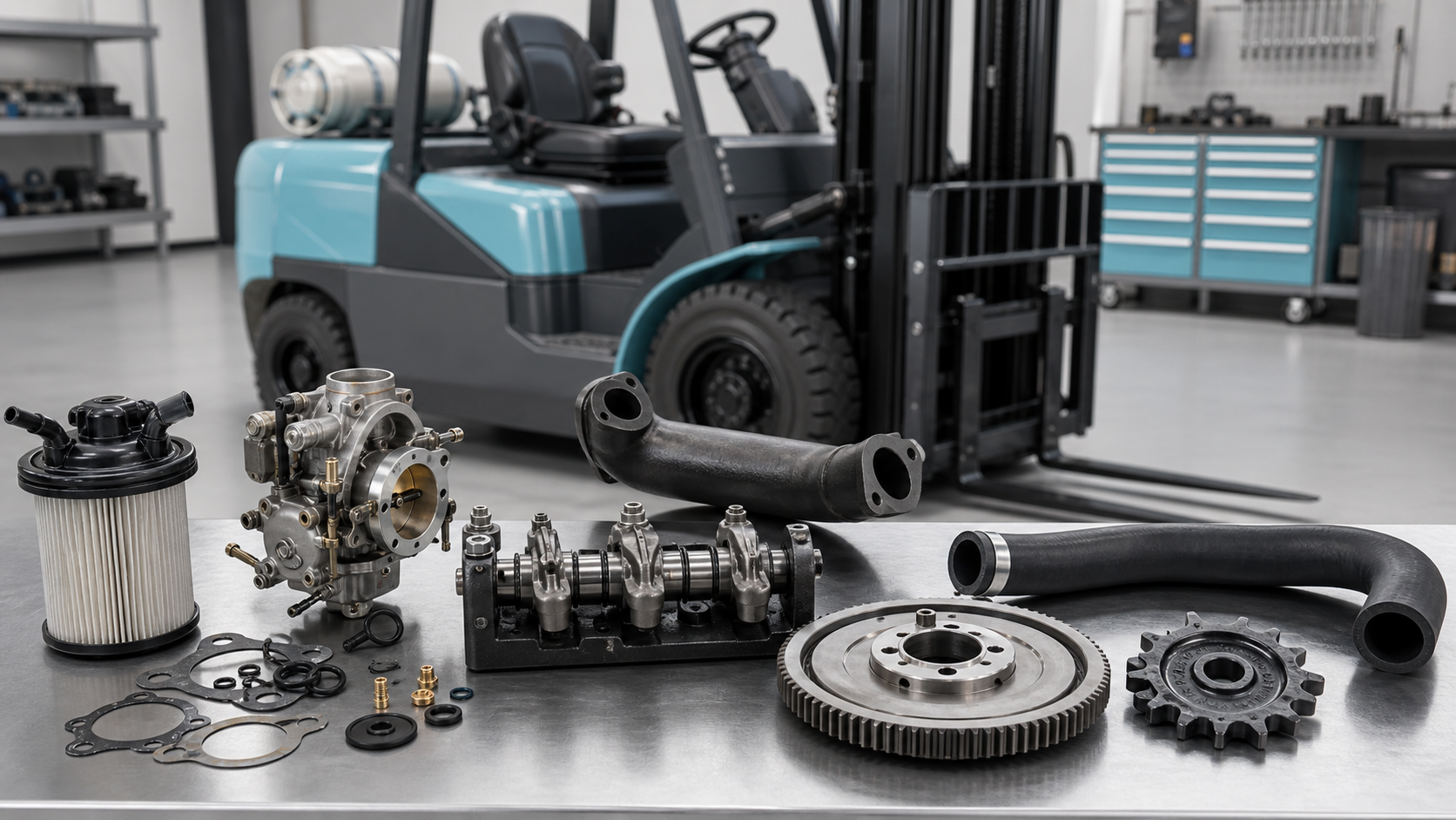 Nissan K21 and K25 forklift engine parts on workbench