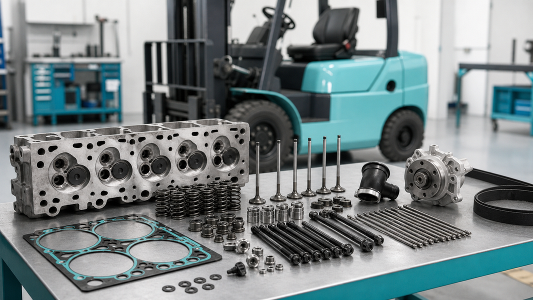 Toyota 4Y forklift engine parts arranged on service workbench