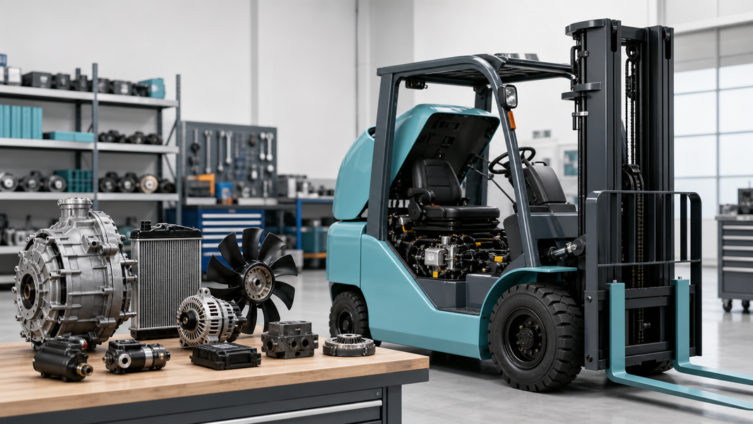 Toyota 8FG forklift parts with turquoise accented forklift in service shop